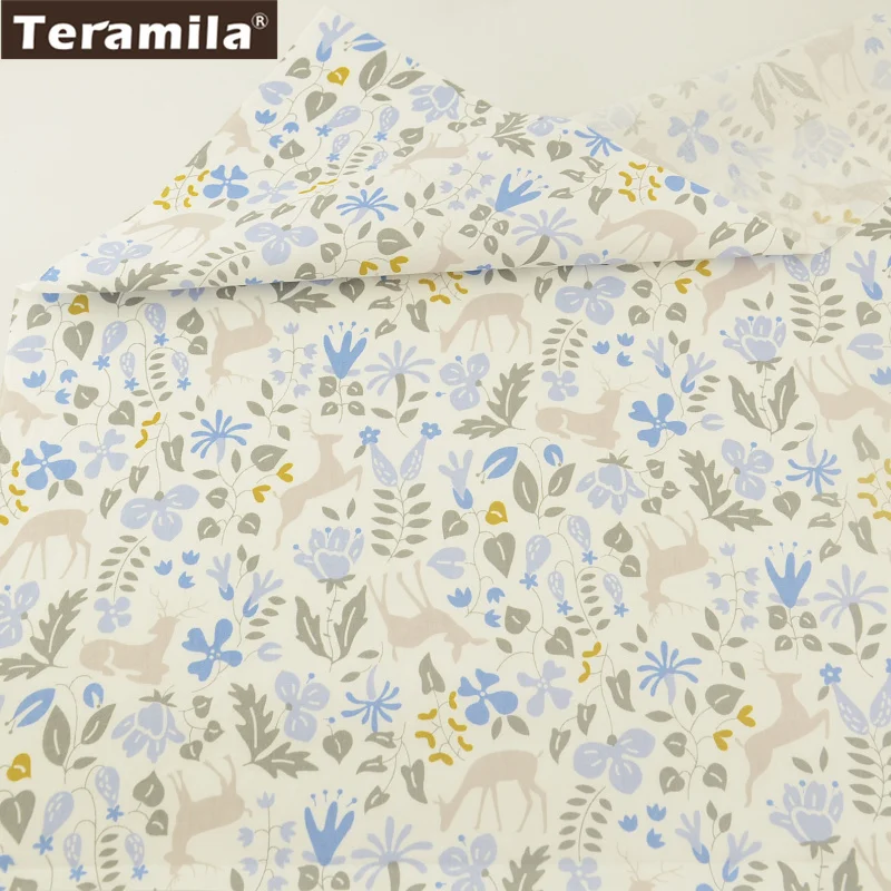 

Teramila Fabric Soft Printed Blue Plants With Animals Designs 100% Cotton Material Bed Sheet DIY Bedding Sewing Curtains Dress