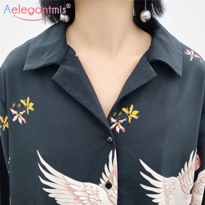 Рубашка женская Aelegantmis весенняя с длинным рукавом и отложным воротником|bird print