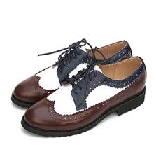 Красивые модные смешанные Цвет Пояса из натуральной кожи Обувь с перфорацией; туфли-оксфорды для Для женщин Винтаж из коровьей кожи тельца плоские Кружево до Для женщин Обувь шнурованная для женщин