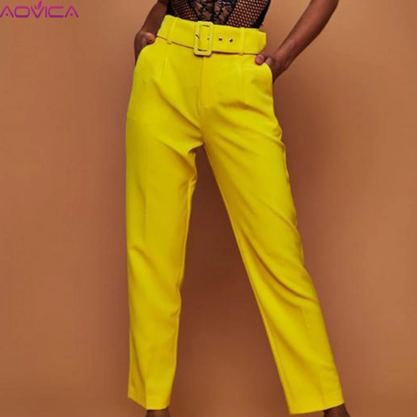 

2019 Spring Casual Pants High Waist Autumn Belted Straight Leg Slacks Office Lady Suit Pants Women Trousers