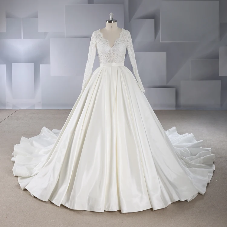 

Rosabridal Ball Gown Wedding Dress 2019 new design Sweetheart Neckline Long Sleeves beading bodice satin skirt With Sash