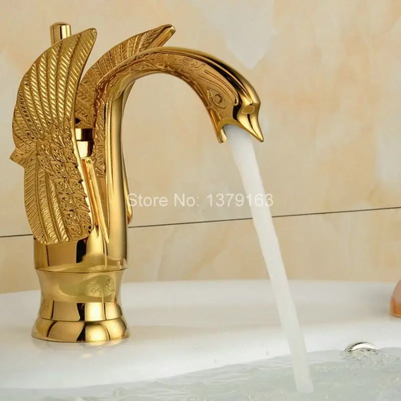 Luxury Gold Color Brass Swan Bathroom Faucet Animal Shape Carved Brass