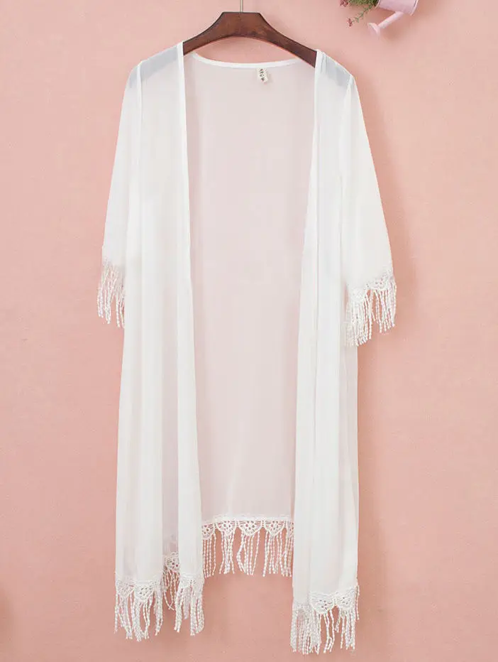 Sexy Women Kimono Cardigan Chiffon Tassel Long Beach Cover Up Tops Shirt Black