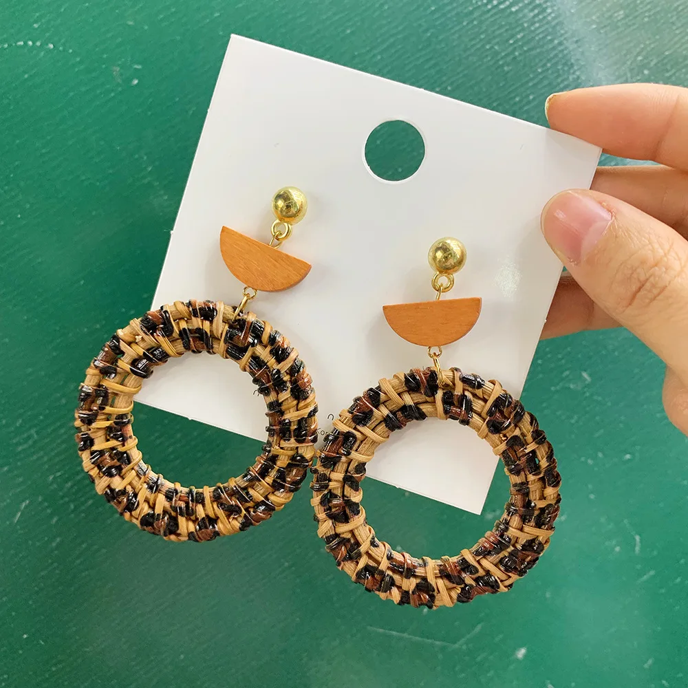 

Trendy leopard long earrings for women bamboo party hanging big earings circle wood rattan vine statement earring jewelry