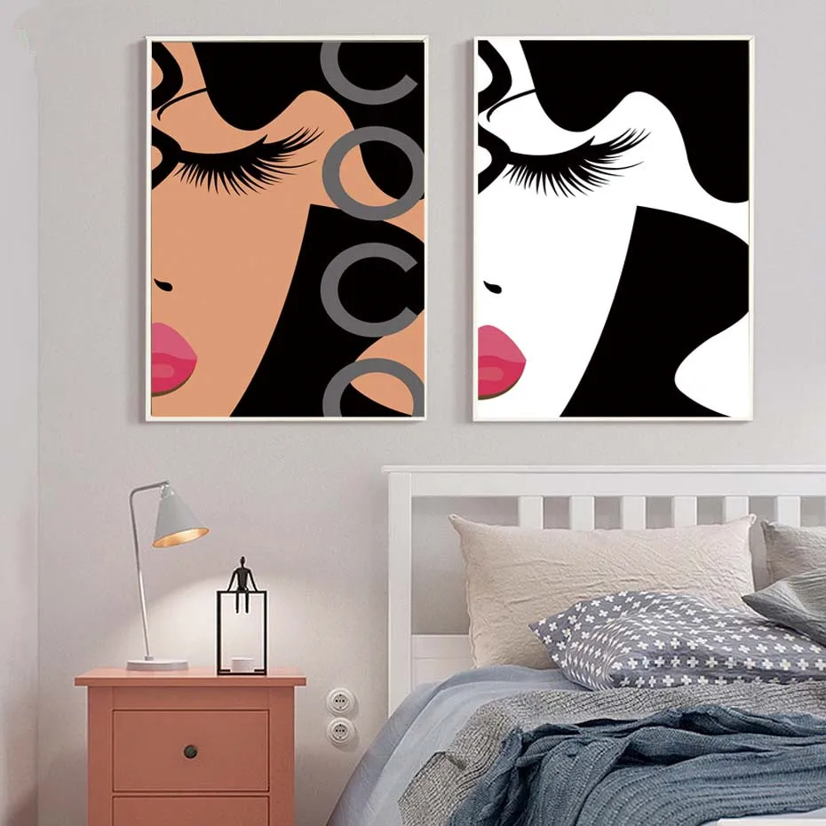 Creative-Woman-Portrait-Drawing-Wall-Art-Modular-Fashion-Canvas-Painting-Two-Color-Version-Posters-Prints-Living