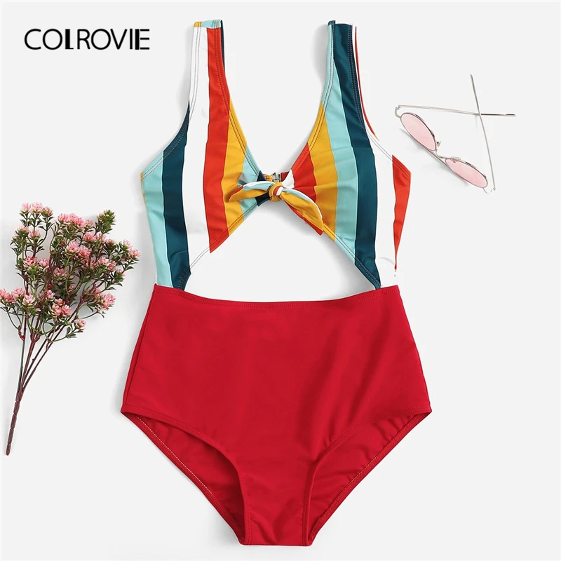 

COLROVIE V Neck Striped Knot Front Cut Out Sexy One Piece Swimwear Women Bikinis 2019 Summer Swimsuit Bathing Suit Beachwear