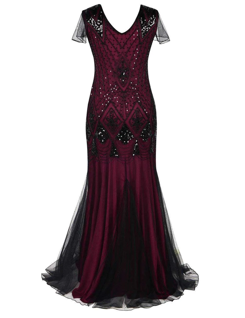 Женские Хлопушка платья 1920s V образным вырезом бисером бахромой большой Гэтсби длинное платье - Цвет: Dress-Black-Red