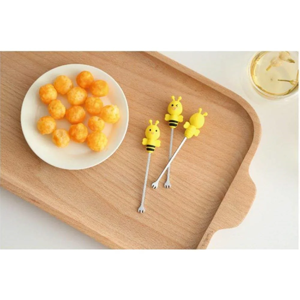 Cute Cartoon Salad Forks Mini Dessert Fruit Forks Holder Stainless Steel with A Holder Silicone Handle Cake Food Pick Fork Set 6 Pcs for Home and Restaurant (Bee)05