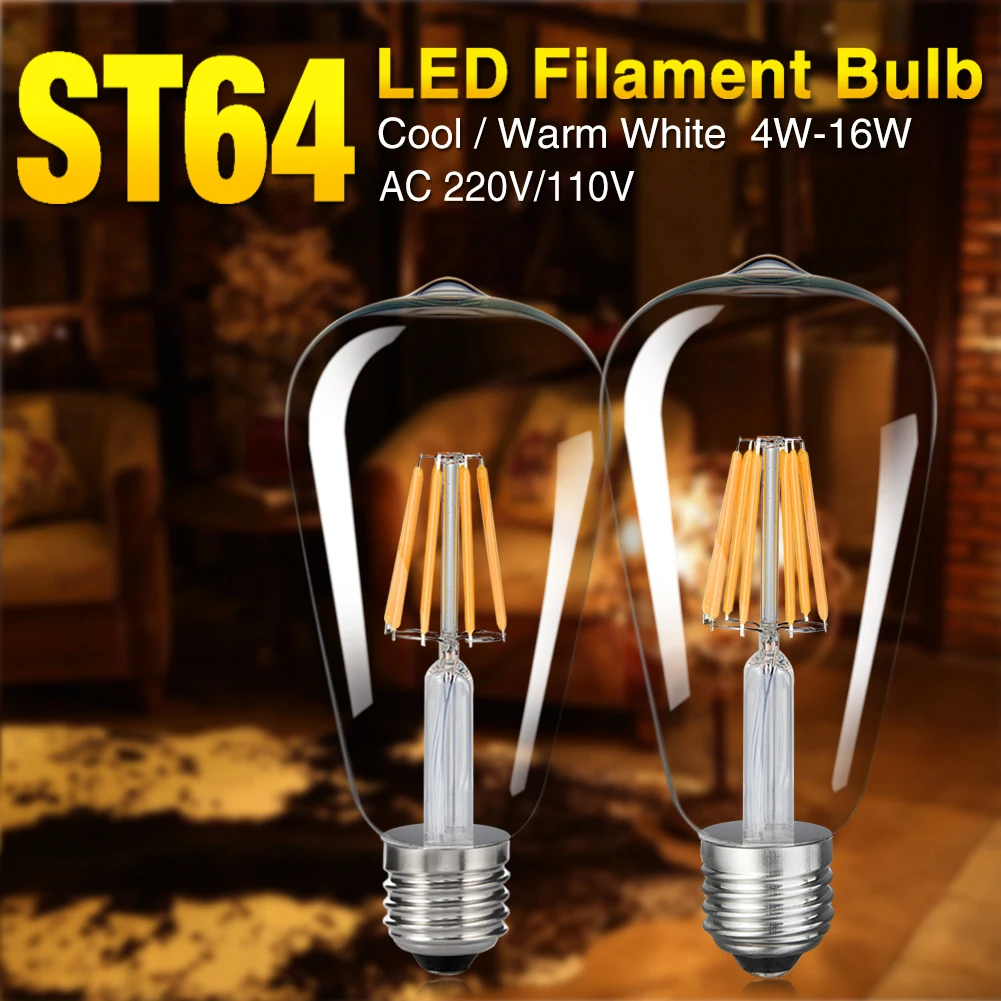 TSLEEN Cheap 10PCS/Lot Retro LED Filament Light Lamp E27 ST64 Clear