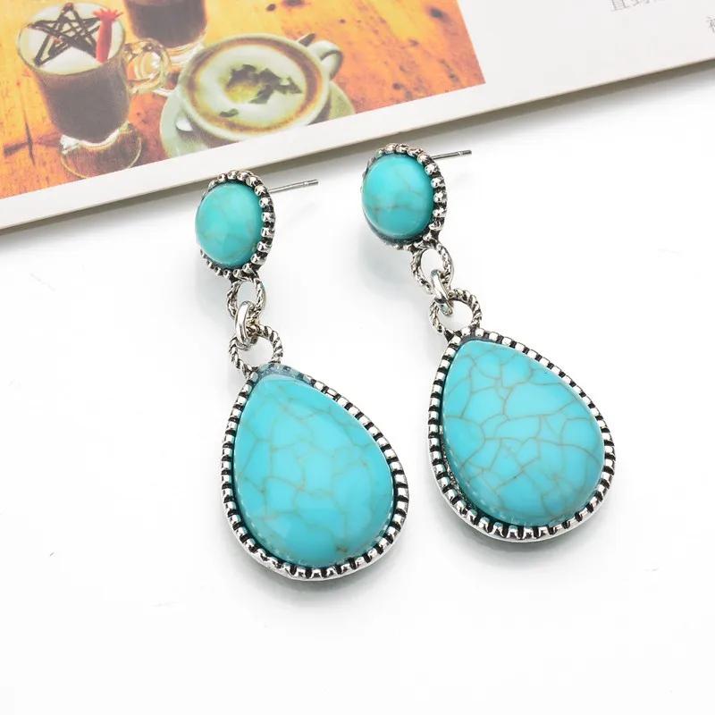 

Retro Blue Earrings Water Drop Metal Earrings Cute Square Turquoise Ear Nail Turkey Africam Gadgets for Women Ladies Femme