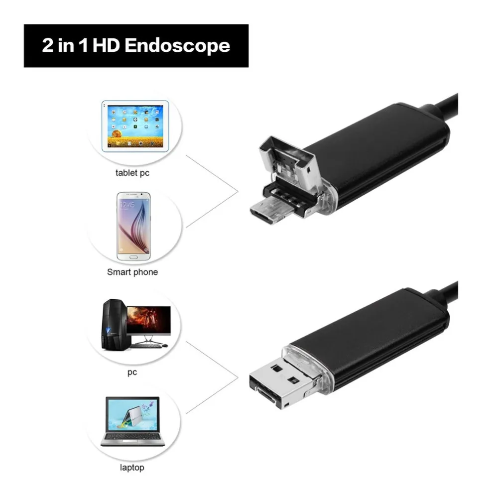 7 мм эндоскоп со змеиным прицелом, водонепроницаемый, для осмотра, HD камера, бороскоп для Andorid, Windows Mac OS, 2 м, гибкий кабель, USB, 6 светодиодный