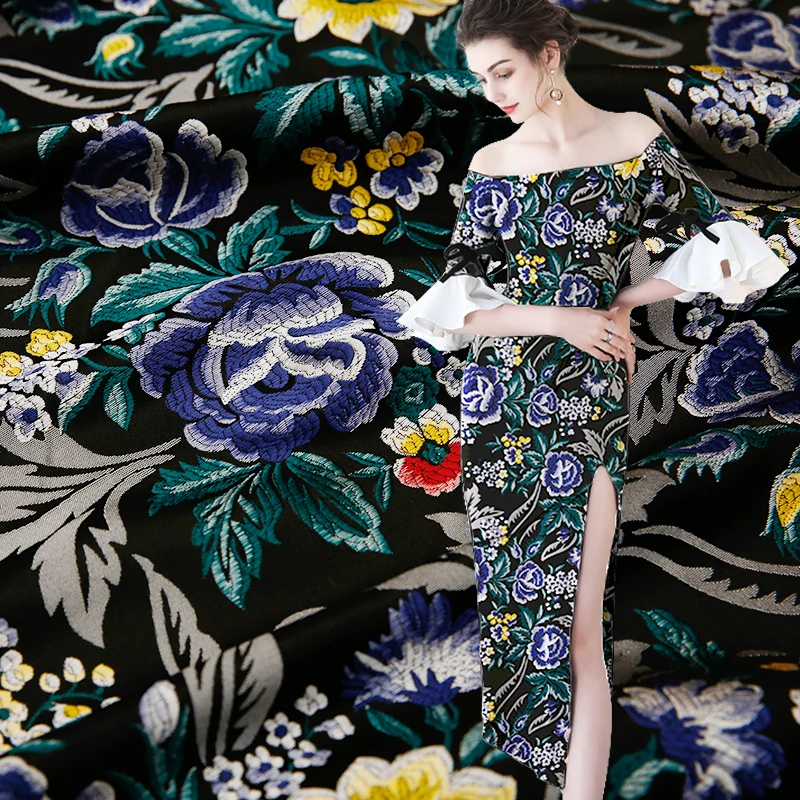 Hlqon Imported Embossed Top Grade Yarn Dyed Brocade Jacquard Blue