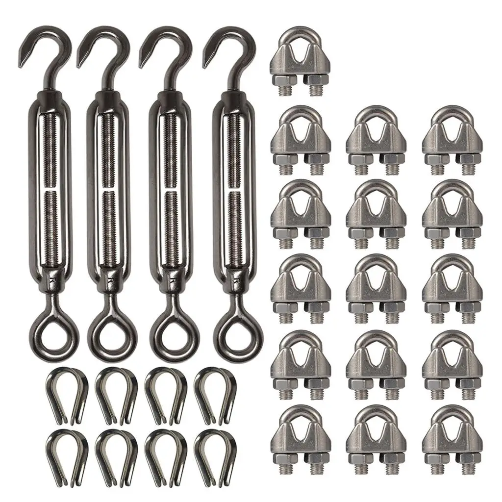 

4-Pcs Turnbuckle/Tension(Eye&Hook, M6), 16-Pcs 1/8 Inch Wire Rope Cable Clip/Clamp(M3), 8-Pcs Thimble(M3), Stainless Steel Kit
