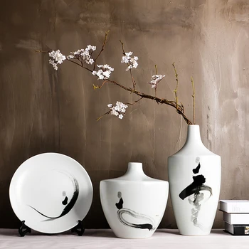 

New Chinese Simplified Modern Ceramic Vase Flower Arranging Living Room Decoration Ornamental Ink Painting painted vase white