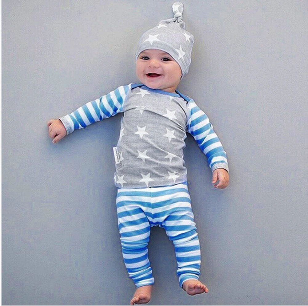 

3 Piece Long sleeve Starts Tee shirt Top and Stripe Pants Set For Baby Boy Clothes