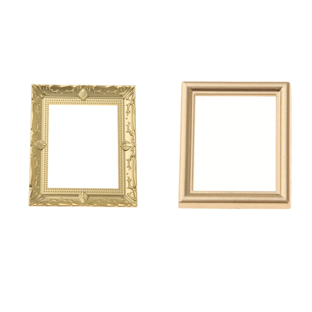 2 Pieces Miniature Mural Golden Picture Painting Photo Frames for 1/12 Dollhouse Living Room Bedroom Wall Decoration