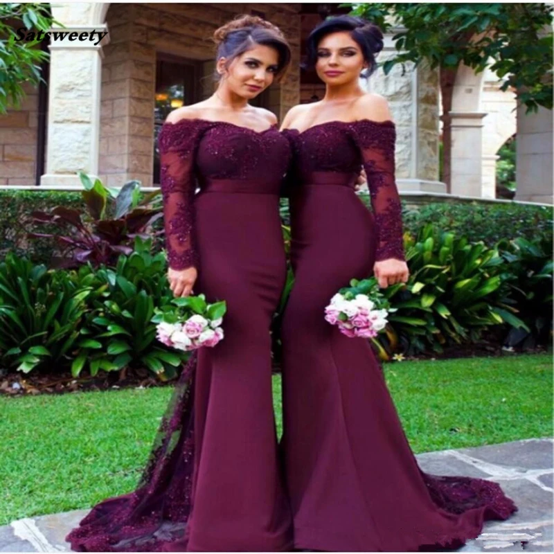 

Sexy Lace Burgundy Bridesmaid Dresses hot Mermaid Long Sleeve Beaded Long Bridesmaid Dress Formal Maid Of Honor plus size