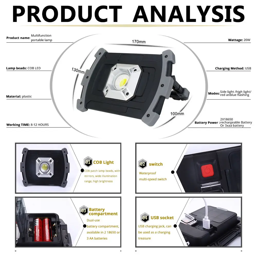 Мощный AA/18650 USB Перезаряжаемый светодиодный рабочий светильник Worklight COB портативный прожектор водостойкий прожектор кемпинг фонарь свет