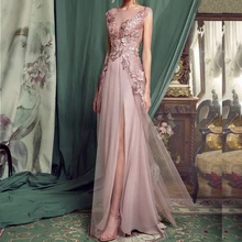 CHENXIAO 2019 nuevos Vestidos de noche con Apliques de encaje cuello joya sin mangas hasta el suelo vestido de noche Formal Vestidos de fiesta Vestidos(China)