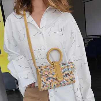 

Retro Woven Straw Bag Wooden Top Handle Handbag Hit Color Shoulder Messenger Handbags Woven Women Crossbody Top-handle Bags 2019