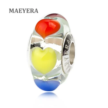 

MAEYERA 925 Sterling Silver Lampwork Beads Color Heart Murano Glass Beads For European Charm Bracelet Jewelry 920265