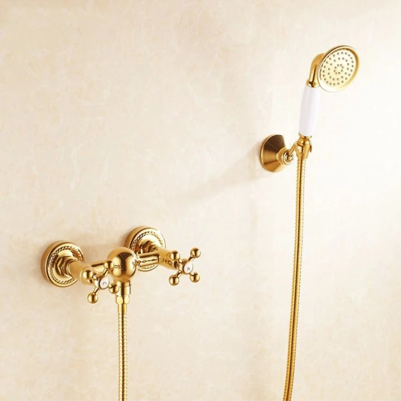 OWOFAN 1 Set Bathroom Rainfall Shower Faucet Set Classic Golden Dual Handle Mixer Tap Wall Mounted