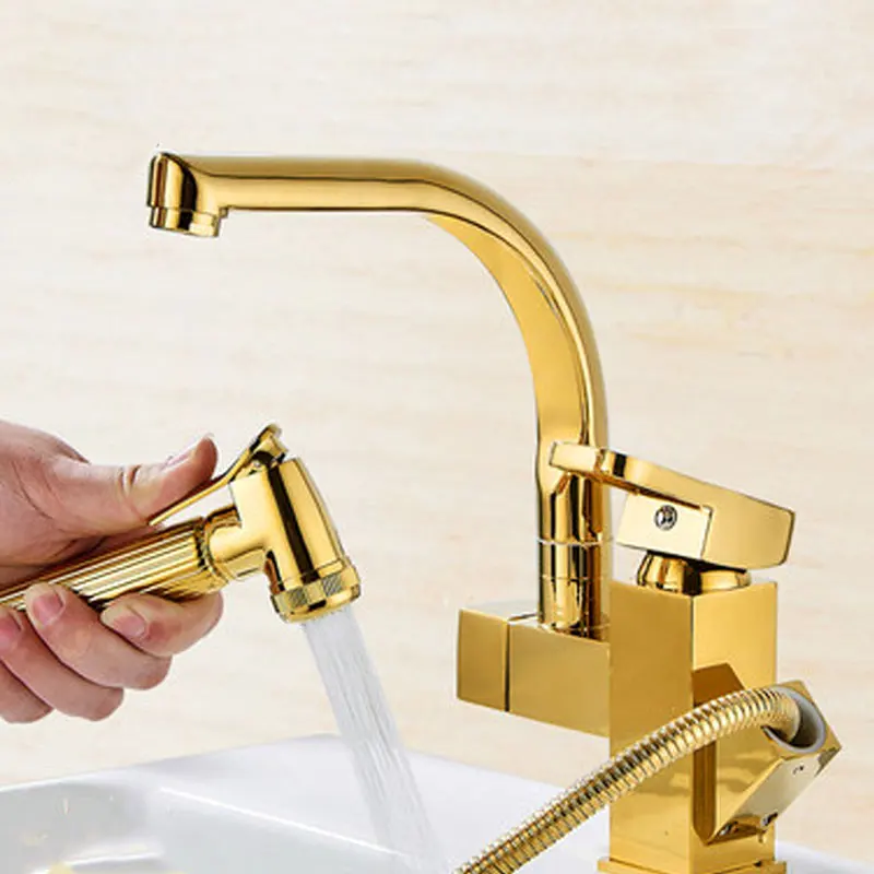 

Cool and hot European style all copper and gold drawing single hole table top basin faucet