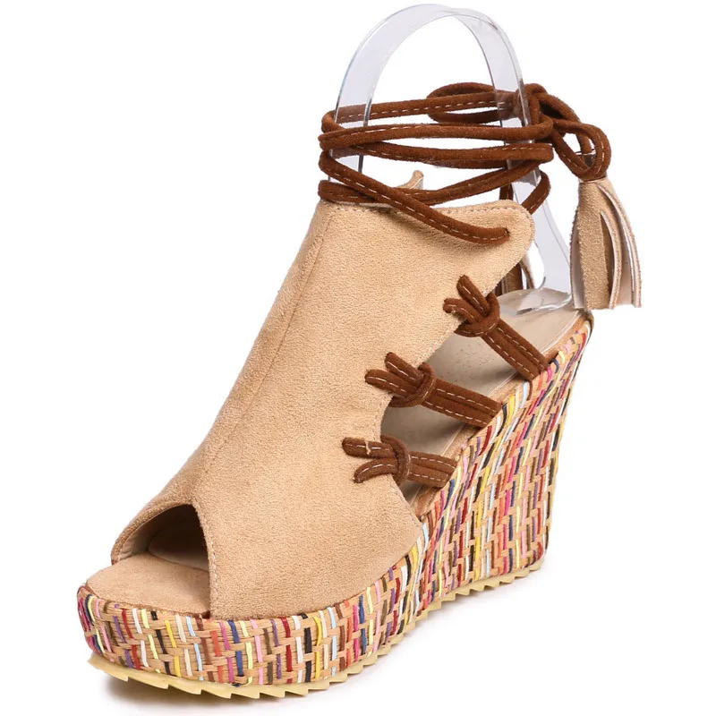 

2019 summer new straw braided wedge sandals fashion Roman wind with high heels Ankle Strap Super High (8cm-up)