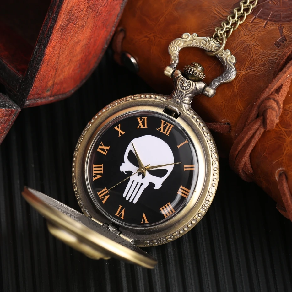 Vintage Bronze White Skull Dial Analog Pocket Watch Luxury Fashion Necklace Antique Style Fob Quartz Orange Roman Numerals Watch 2017 (12)