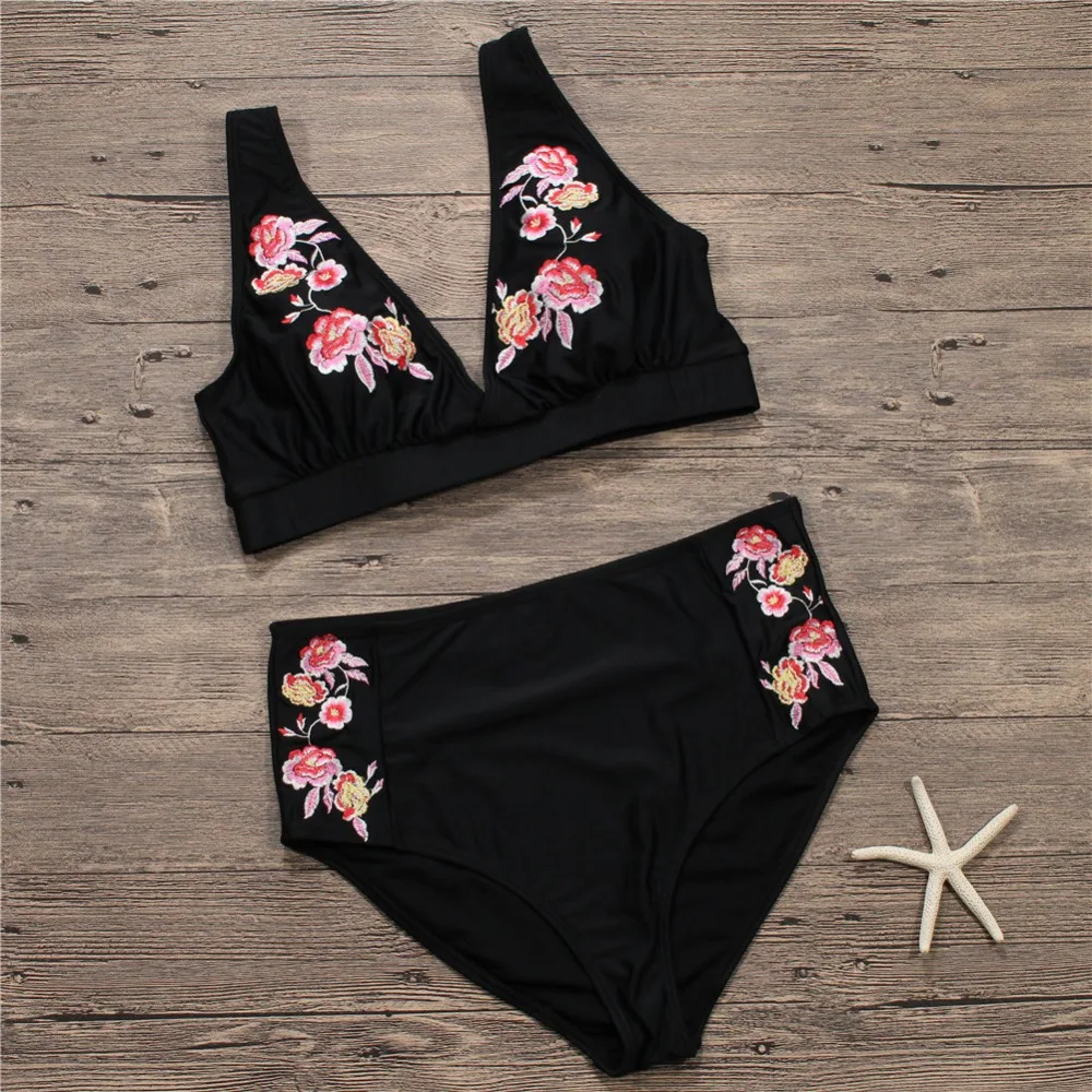 

Embroid Bikini Sets V neck Women's Bikini High Waist Swimsuit Solid Black Swimwear Floral Bathing Suit Push Up Beach Wear