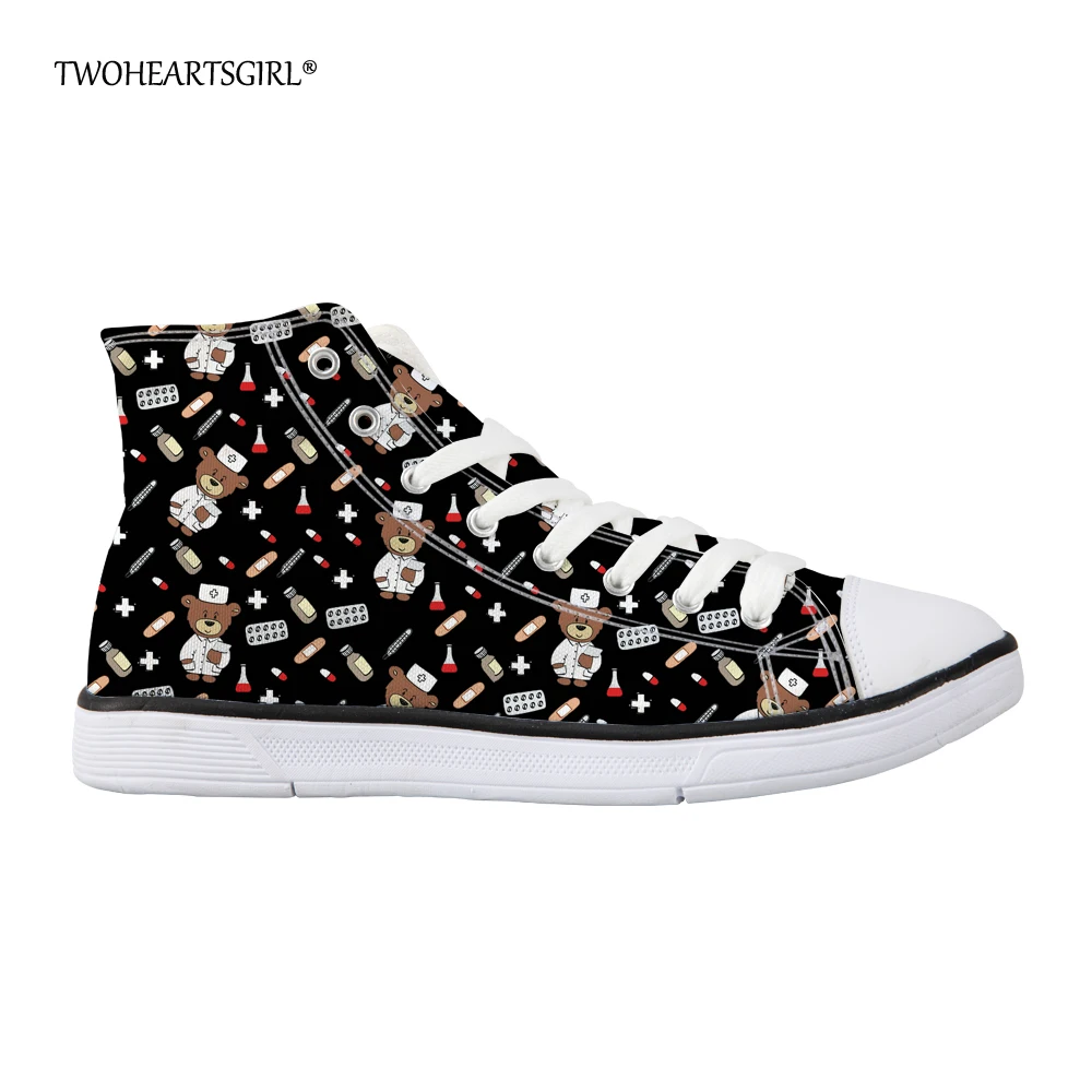 

Twoheartsgirl Black Cartoon Nurse Bear Pattern High Top Canvas Shoes for Women Cute Teen Girls Vulcanized Shoes Ladies Shoes