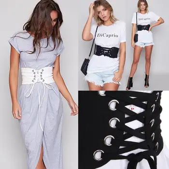 

Women's Lady Fashion Wide Strapped Buckle High Waist Corset Belt Cincher Elastic Wide Band Tied Fashion