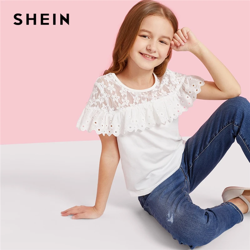 SHEIN/Детская милая блузка для девочек с кружевной кокеткой, вышивкой и рюшами, г. Летние повседневные топы с короткими рукавами
