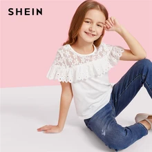 SHEIN/Детская милая блузка для девочек с кружевной кокеткой, вышивкой и рюшами, г. Летние повседневные топы с короткими рукавами
