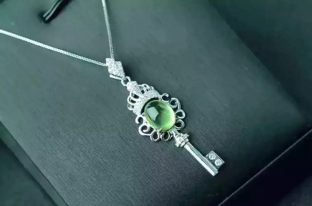 

natural green prehnite stone pendant S925 silver Natural gemstone Pendant Necklace trendy Slender key women girl gift jewelry