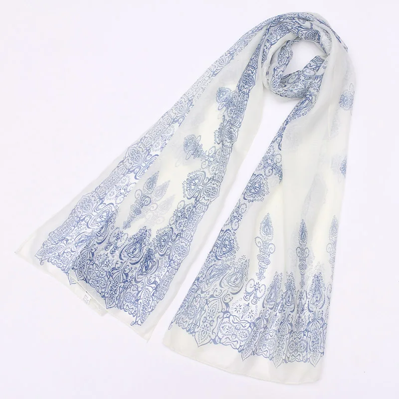 

[FAITHINK] 160*50cm High quality Blue and White Porcelain Style Thin Section the Silk Floss Women Scarf Shawl Summer Wrap Scarf