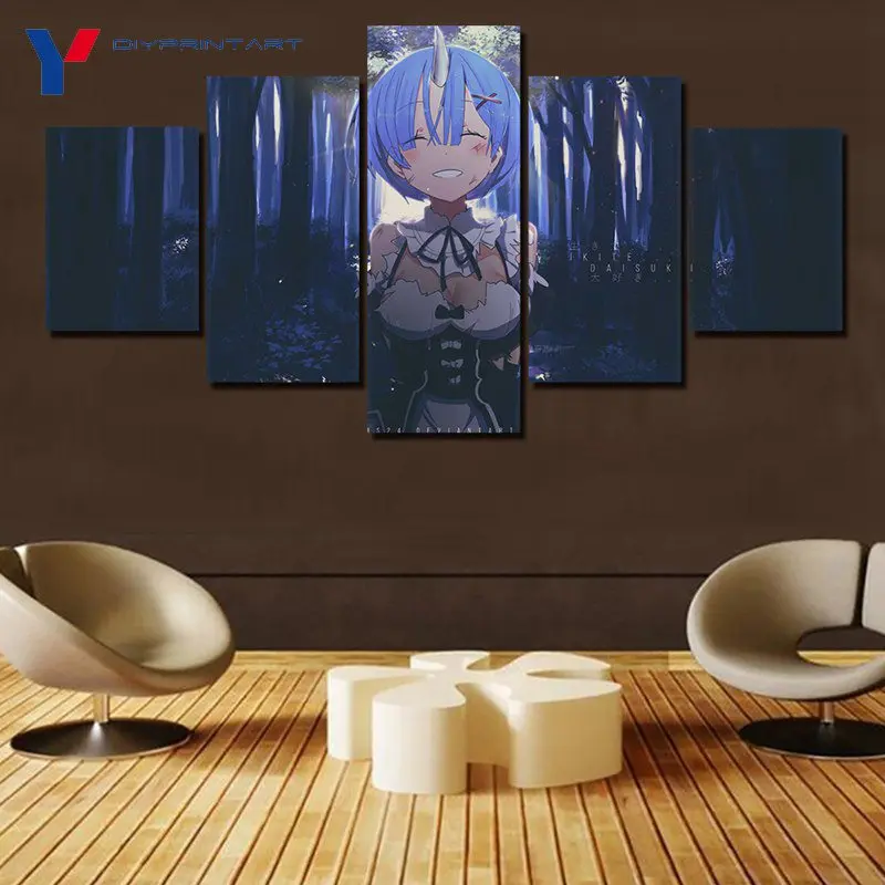 5 панелей аниме девушка Rem художественные картины на холсте Re Zero постер для
