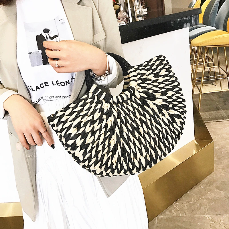 

Burminsa Summer Rattan Straw Big Basket Bags Women Braided Beach Bags High Quality Ladies Causal Tote Hand Bags Black White 2019