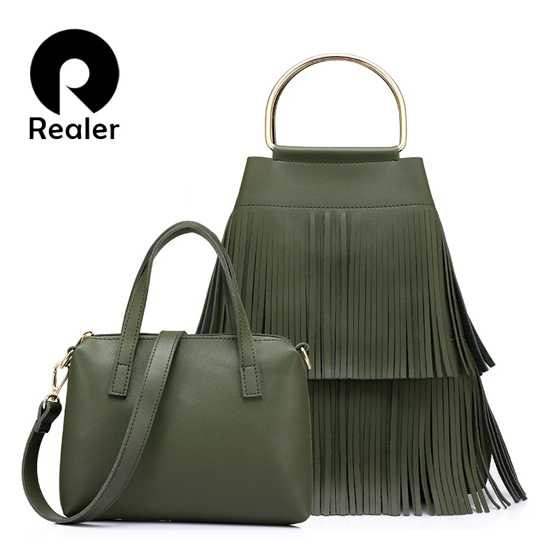 

REALER brand new design fashion women large handbag with tassel female composite bag ladies crossbody bag