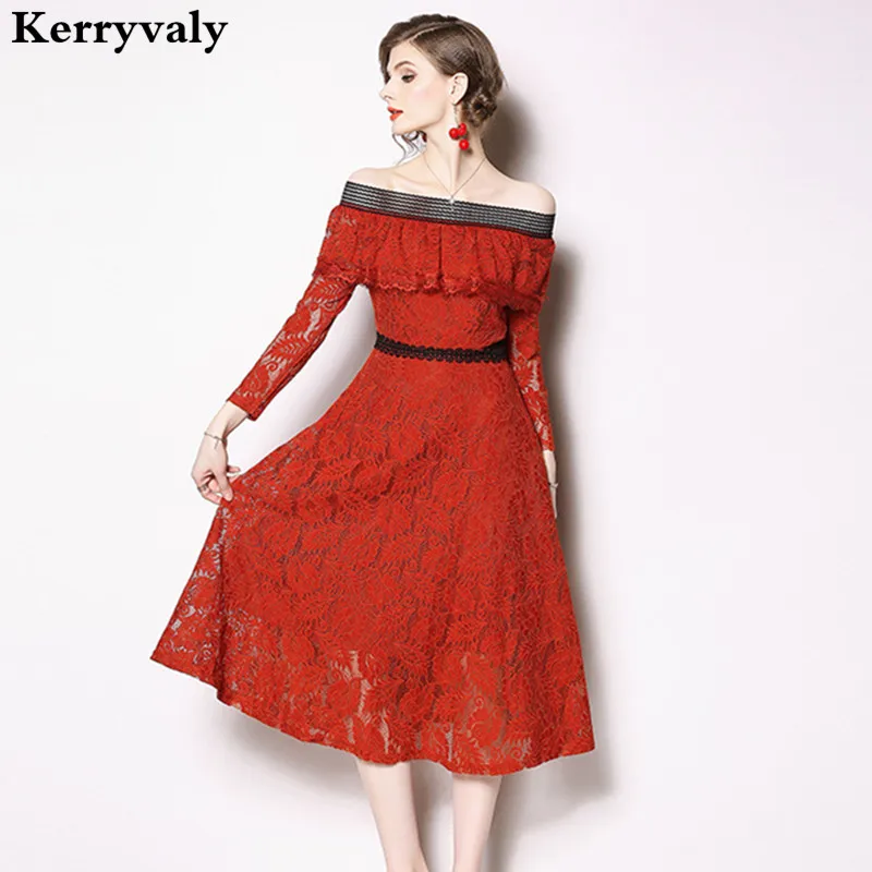 

Spring Midi Runway Christmas Red Lace Dresses Women Sexy Dresses Party Night Club Dress 2019 Ladies Dresses Robe Sexy K6168