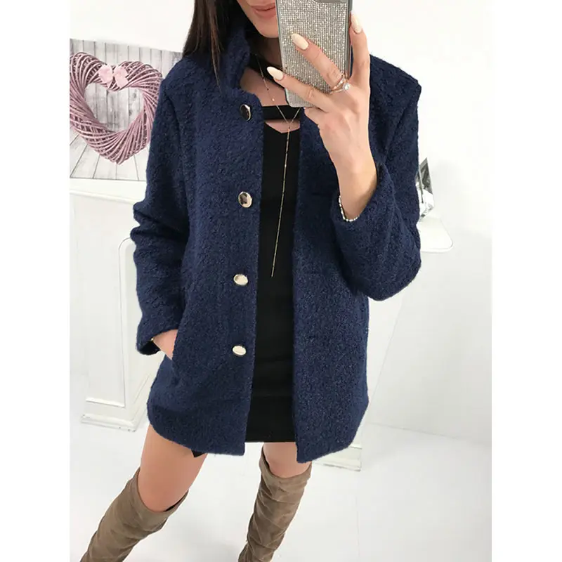 Women Winter Woolen Coat Autumn Casual Solid Color Long Sleeve Pocket Single-Breasted Suit Collar Pink Long Coat Abrigos Fashion (20)
