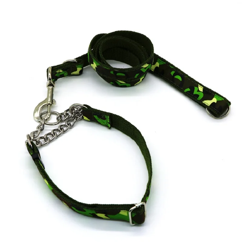 Camouflage green Dog leash and slip Chain collar set Nylon durable dog