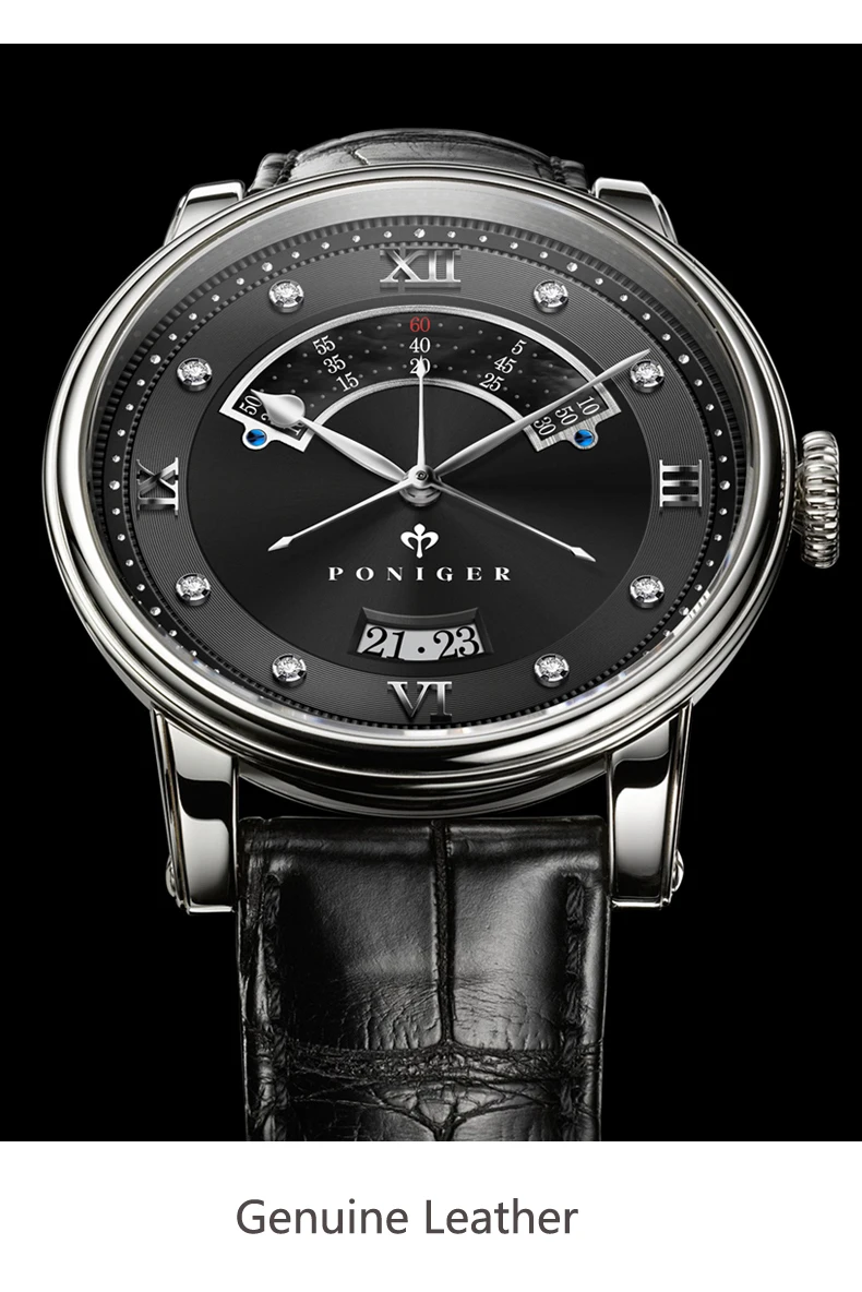 Швейцарский люксовый бренд PONIGER Мужские часы Япония NH35A автоматические механические часы MOVT мужские часы с двойным циферблатом сапфировые часы P719-1