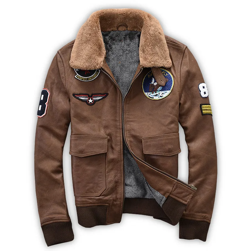 Мужская коричневая куртка пилота из натуральной кожи с шерстяным воротником размера плюс 3XL зимняя куртка пилота из натуральной воловьей кожи