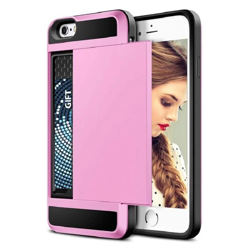 

Anti-knock Slide Type Card Inserting Phone Case For Iphone 7 6 6S 5 5S SE 5C Hybrid Soft Silicone+Hard Plastic Shockproof Cover