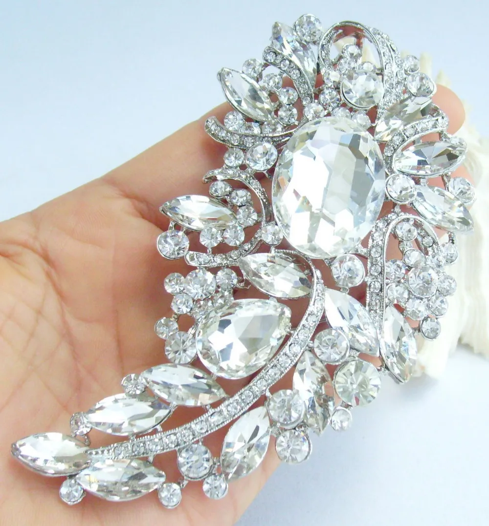 

4.53" Clear Rhinestone Crystal Teardrop Flower Brooch Pin Pendant EE04912C1