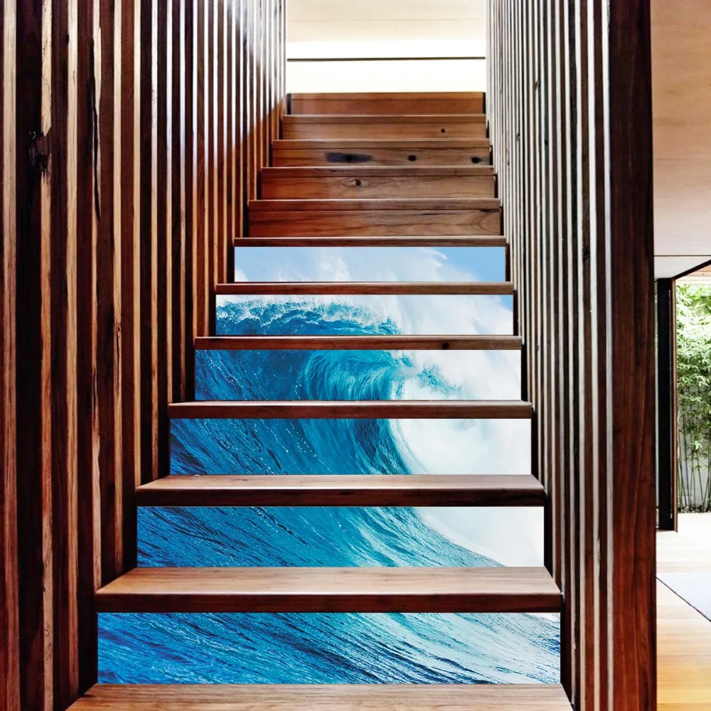 6pcs/set Ocean Sea Wave 3D Waterproof Stair Stickers Wallpaper Home Decor Removable Bathroom Kitchen Wall Floor Sticker 18*100cm