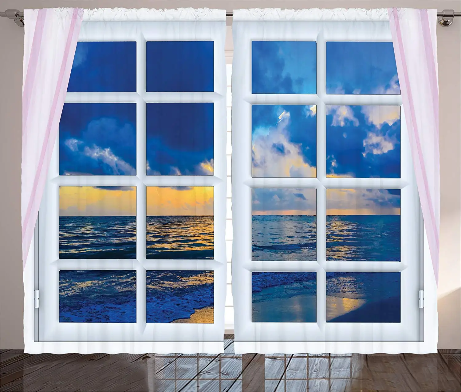 

House Decor Curtains Sunset on The Sea Scenery from Window with Open Curtains Horizon Silence Relax Artprint Living Room Bedroom