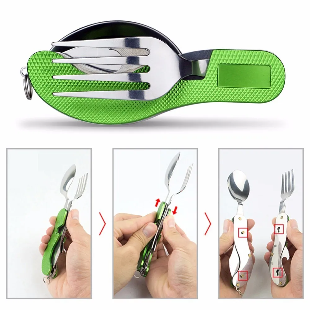 3 in1 de Múltiples Funciones Herramienta Plegable Tenedor Cuchara Conjunto de Acero Inoxidable Cubiertos Vajilla Portable Al Aire Libre de Picnic Viajes de Campamento