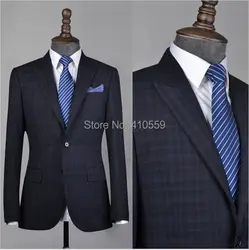 Бесплатная доставка 2014 на заказ мужской Клетчатый костюм сине-серый клетчатый костюм модный оконный костюм (куртка + брюки)